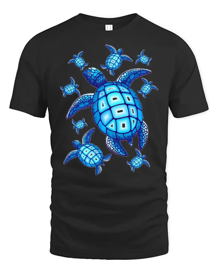 Blue Sea Turtle Family T-Shirt - black t-shirt on white background