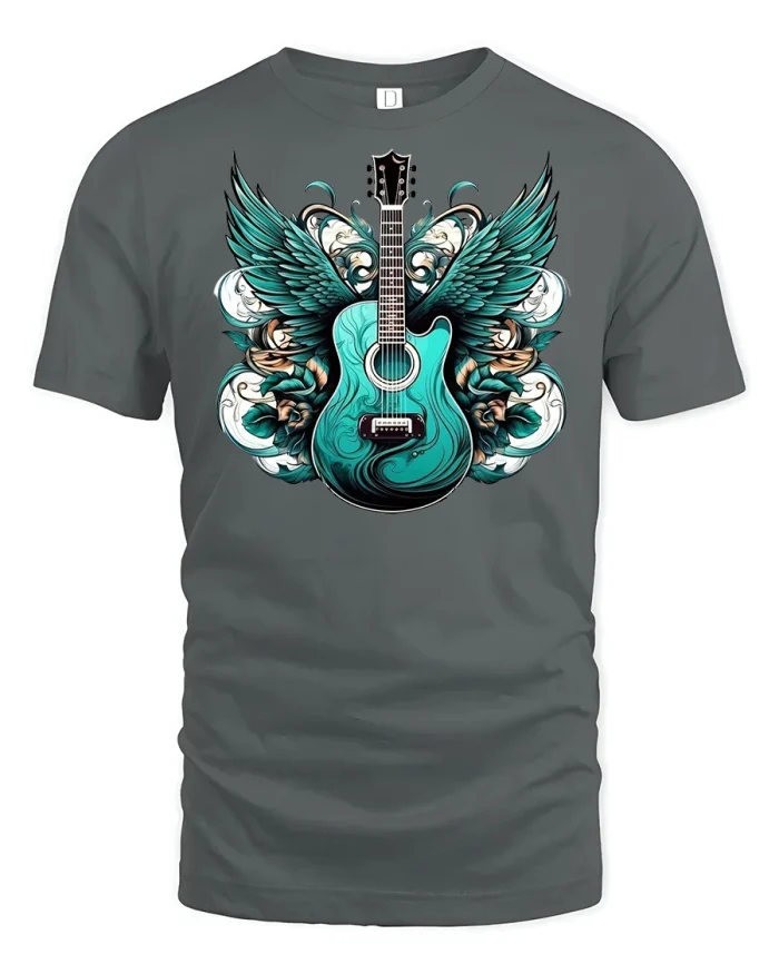 Winged Guitar Fantasy Rock T-Shirt - gray t-shirt on white background