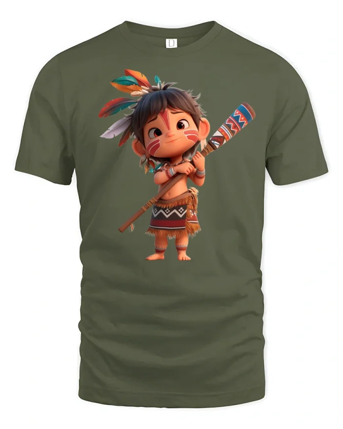 Cute Tribal Warrior Cartoon Tee - military green t-shirt on white background