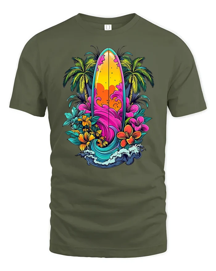 Tropical Surfboard Sunset T-Shirt - military green t-shirt on white background