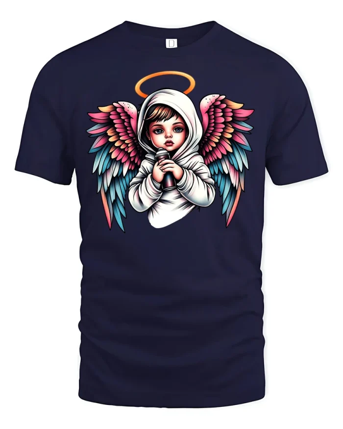 Angel Hoodie Halo Wings Graphic Tee - navy t-shirt on white background