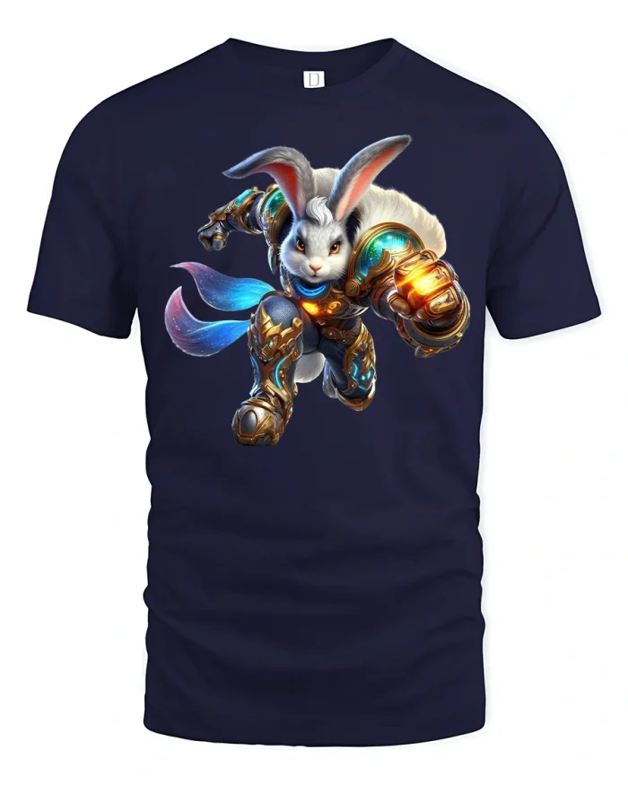 Armored Rabbit Warrior Action Tee - navy t-shirt on white background