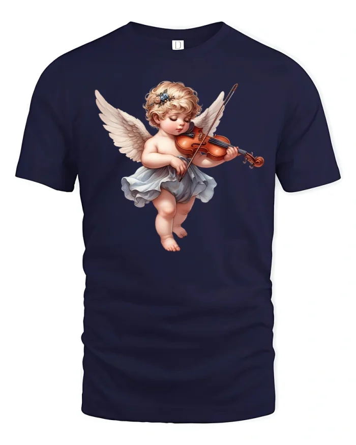Angel Violinist Art Graphic Tee - navy t-shirt on white background