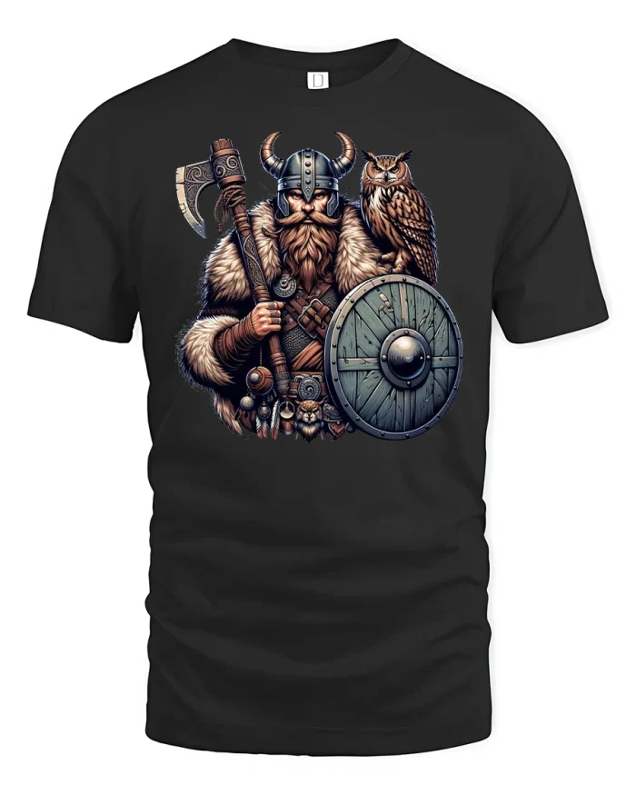 Viking Warrior Owl Companion T-Shirt - black t-shirt on white background