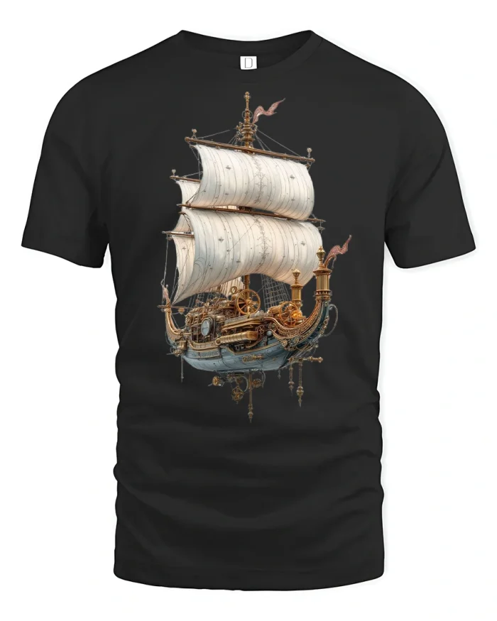 Steampunk Pirate Ship Adventure T-Shirt - black t-shirt on white background