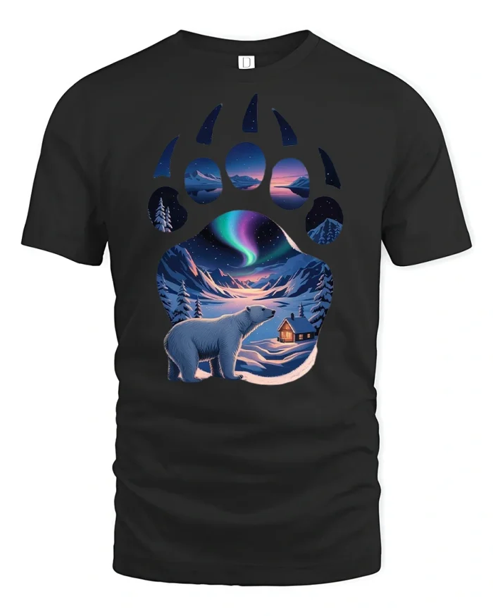 Polar Bear Aurora Night Scene Tee - black t-shirt on white background