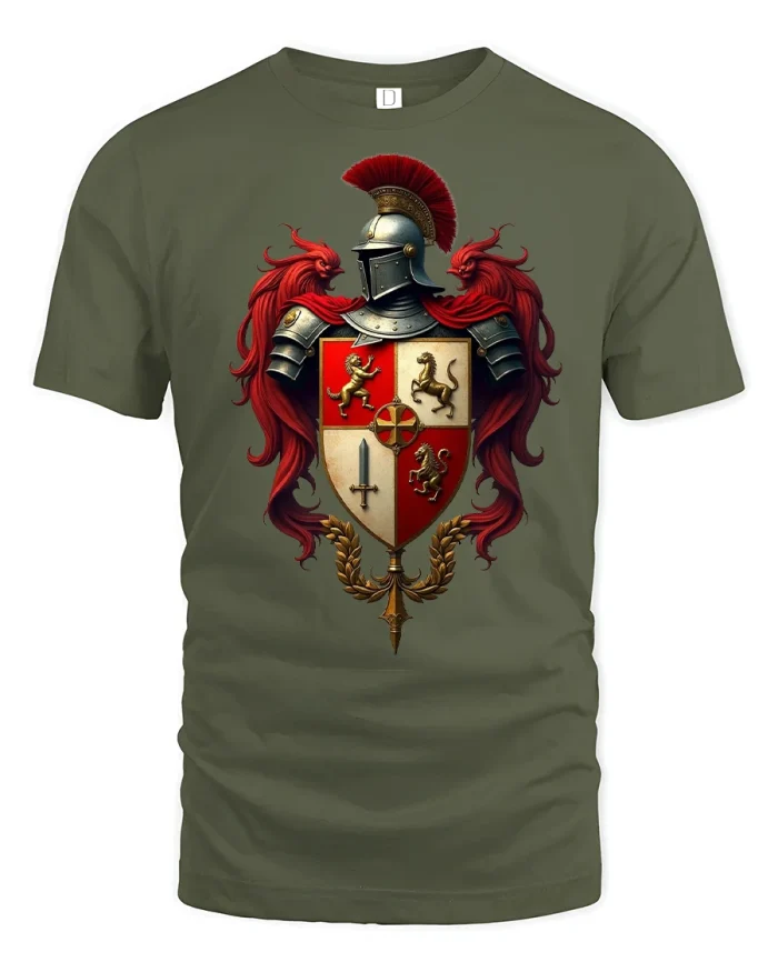 Medieval Knight Crest Armor Graphic T-Shirt - military green t-shirt on white background