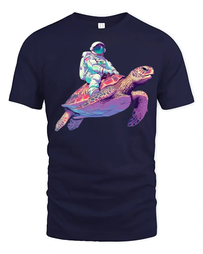 Astronaut Riding Turtle Cosmic Adventure T-Shirt - navy t-shirt on white background