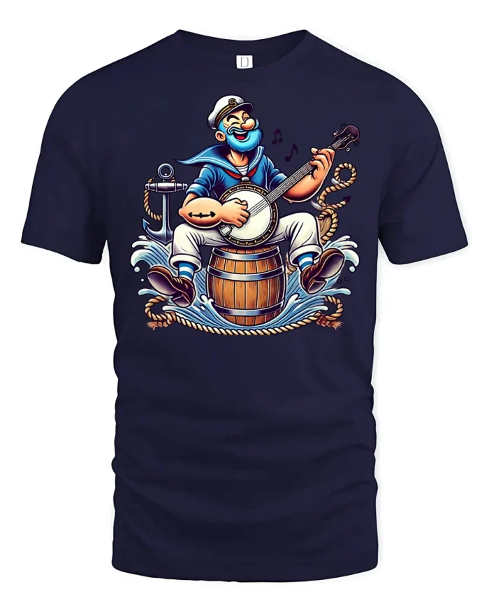 Funny Sailor Playing Banjo Cartoon T-Shirt - navy t-shirt on white background