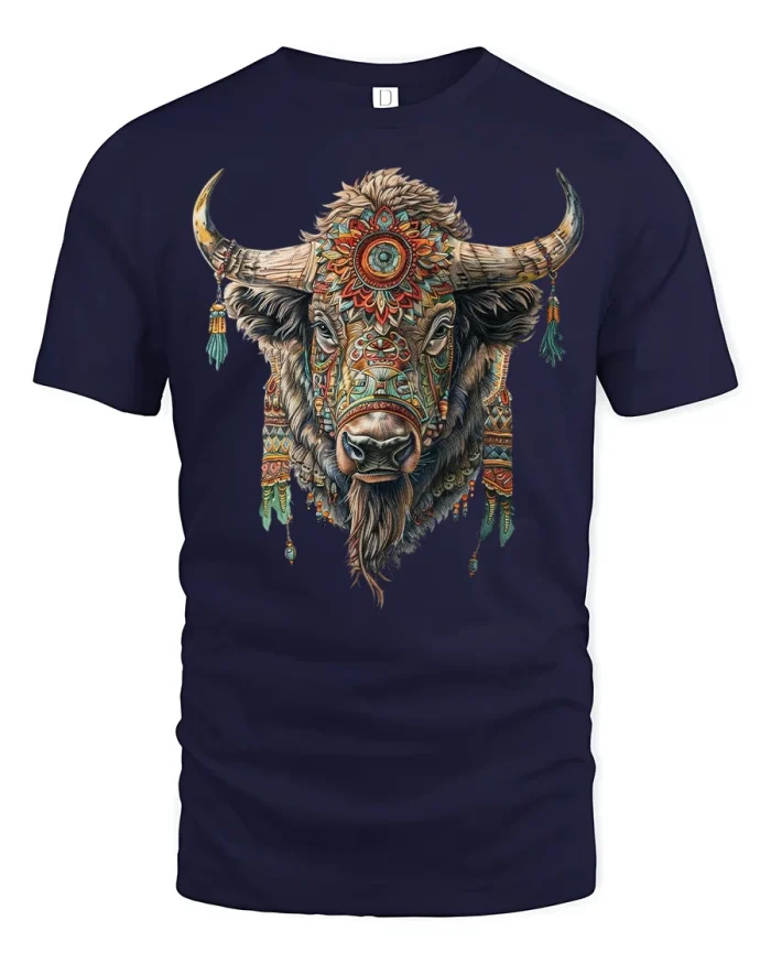 Tribal Buffalo Head Mandala Art T-Shirt - navy t-shirt on white background