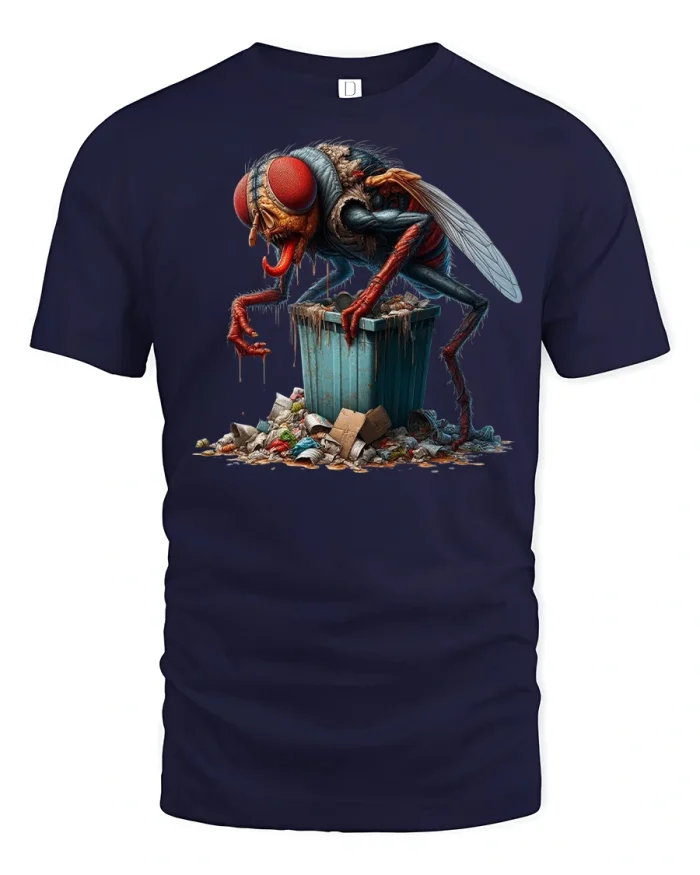 Giant Trash Fly Monster T-Shirt - navy t-shirt on white background