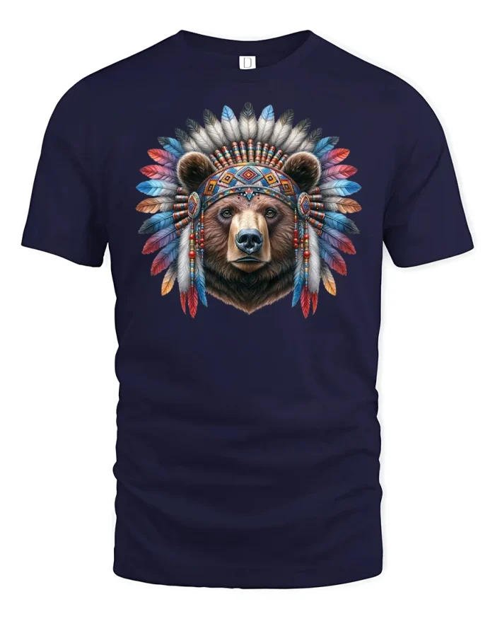 Tribal Bear Headdress Graphic T-Shirt - navy t-shirt on white background