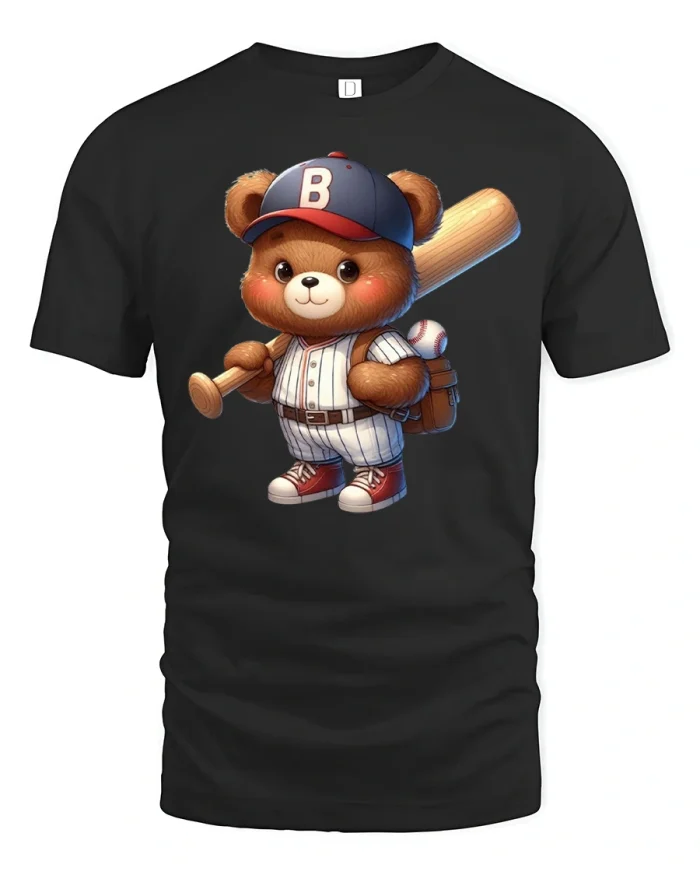 Cute Baseball Teddy Bear T-Shirt - black t-shirt on white background