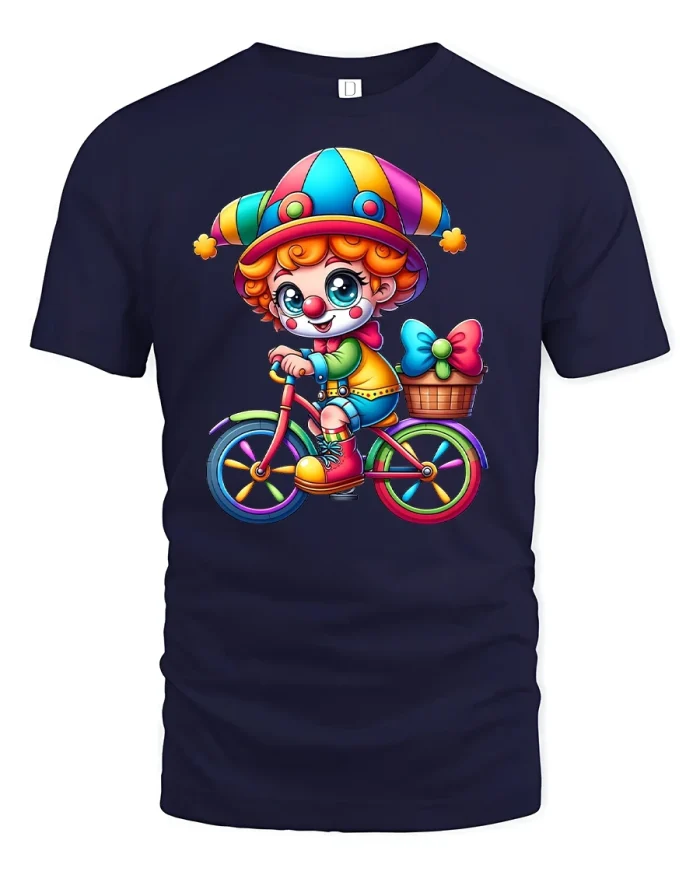 Colorful Clown Riding Bicycle T-Shirt - navy t-shirt on white background