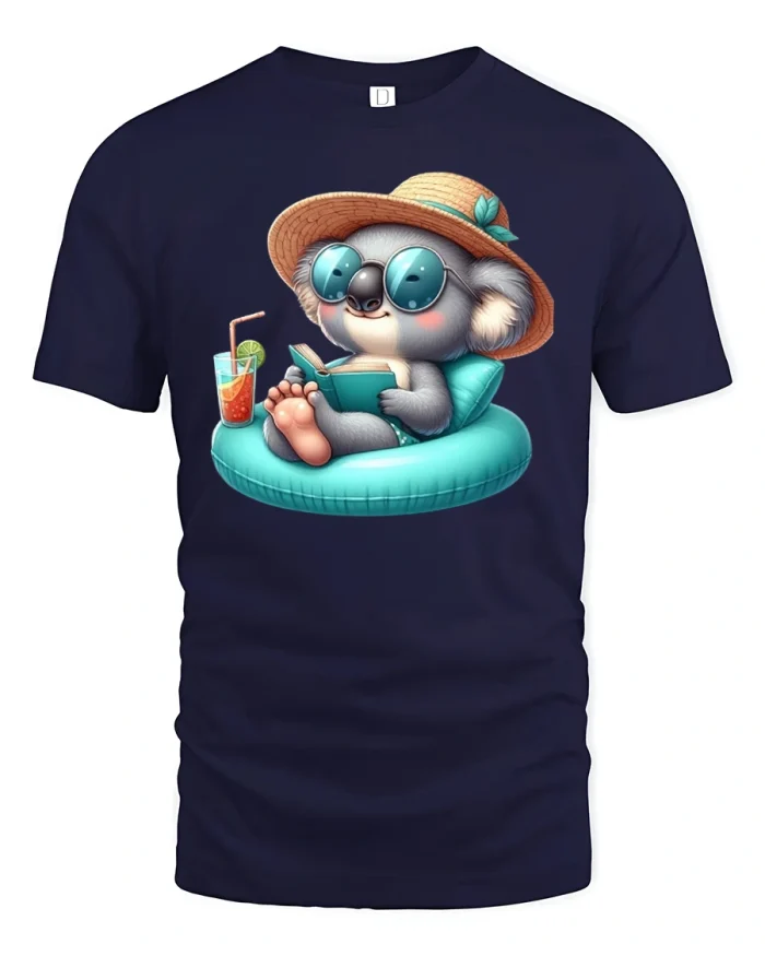 Relaxing Koala Reading Book T-Shirt - navy t-shirt on white background