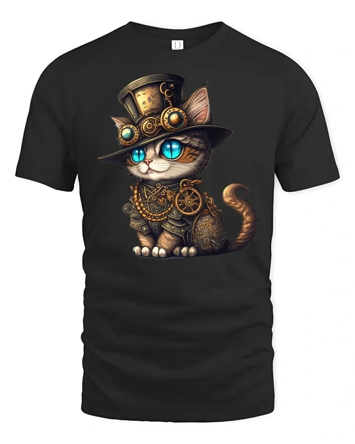 Steampunk Cat With Goggles Tee - black t-shirt on white background