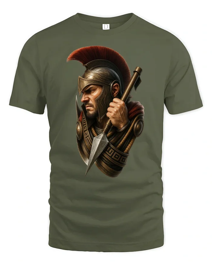 Spartan Warrior Helmet Spear T-Shirt - military green t-shirt on white background