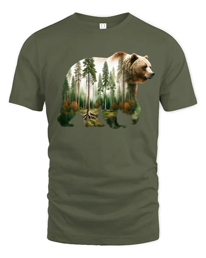 Wild Bear Forest Double Exposure T-Shirt - military green t-shirt on white background