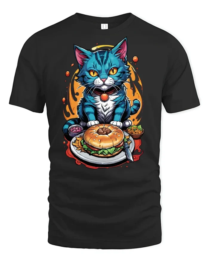 Hungry Cat Burger Feast T-Shirt - black t-shirt on white background