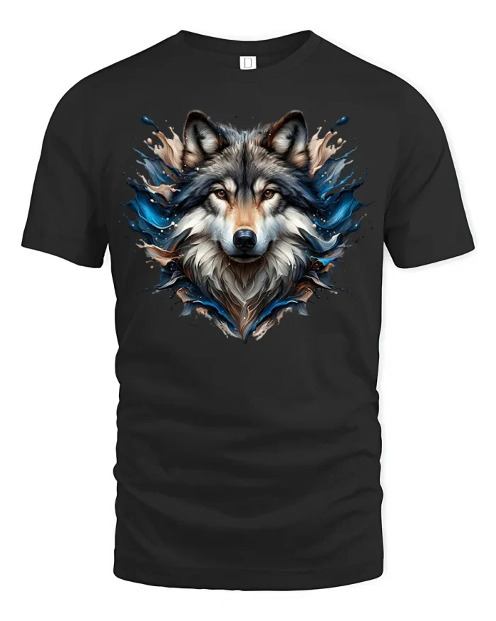 Wolf Splash Artwork Bold Graphic T-Shirt - black t-shirt on white background