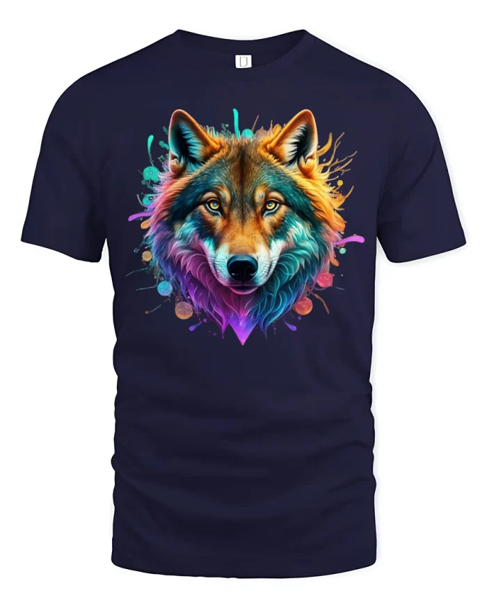Colorful Wolf Spirit Graphic T-Shirt - navy t-shirt on white background
