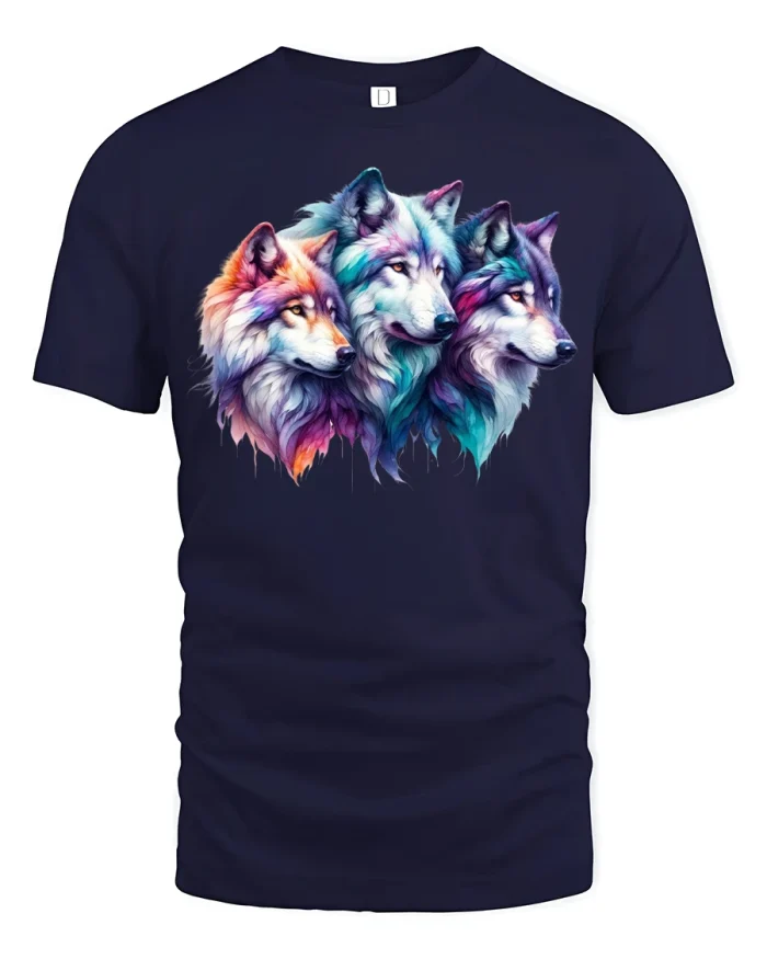 Three Wolves Color Splash T-Shirt - navy t-shirt on white background