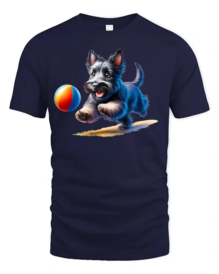 Playful Puppy with Ball Graphic Fun T-Shirt - navy t-shirt on white background