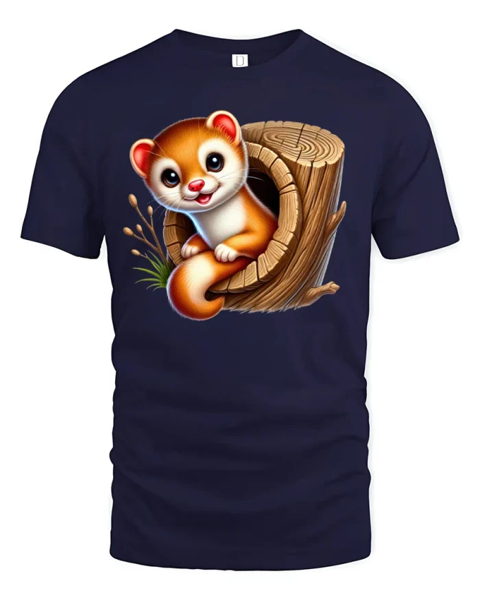 Adorable Ferret in Log T-Shirt - navy t-shirt on white background