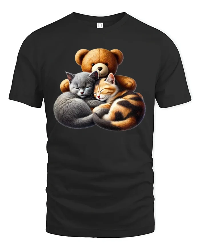 Cozy Teddy Hug Kittens Cute T-Shirt - black t-shirt on white background