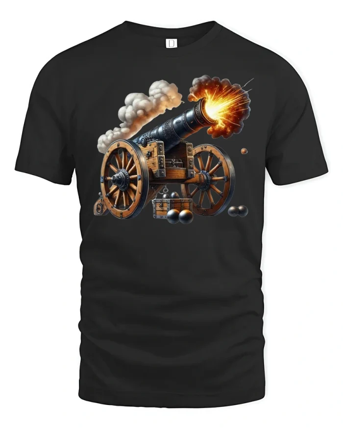 Vintage Cannon Fire Explosion Tee - black t-shirt on white background