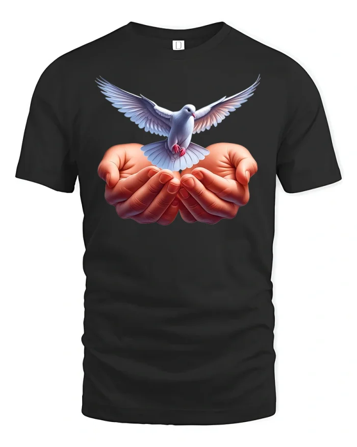 Dove of Peace in Hands T-Shirt - black t-shirt on white background