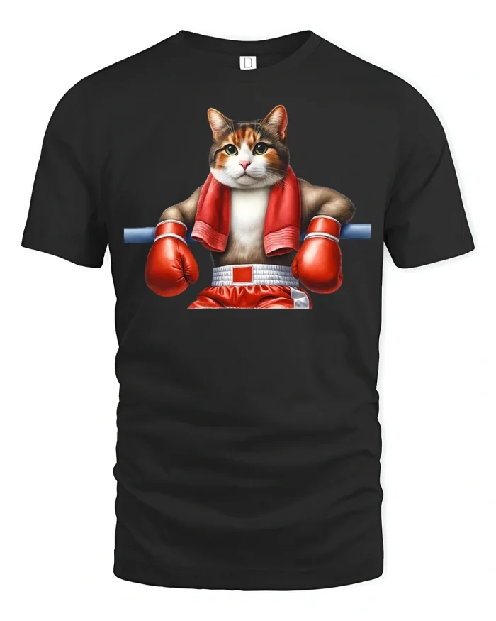 Boxing Cat Champion Funny T-Shirt - black t-shirt on white background