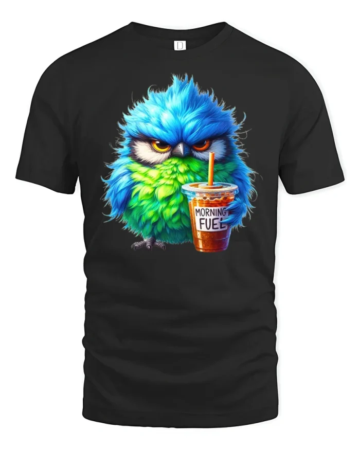 Grumpy Owl Morning Coffee T-Shirt - black t-shirt on white background