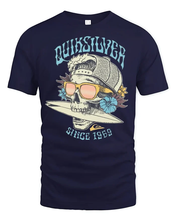 Surf Skull Quiksilver Retro Style T-Shirt - navy t-shirt on white background