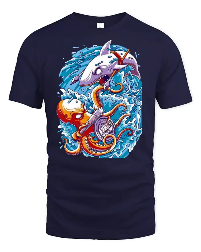 Epic Shark vs Octopus Battle T-Shirt - navy t-shirt on white background