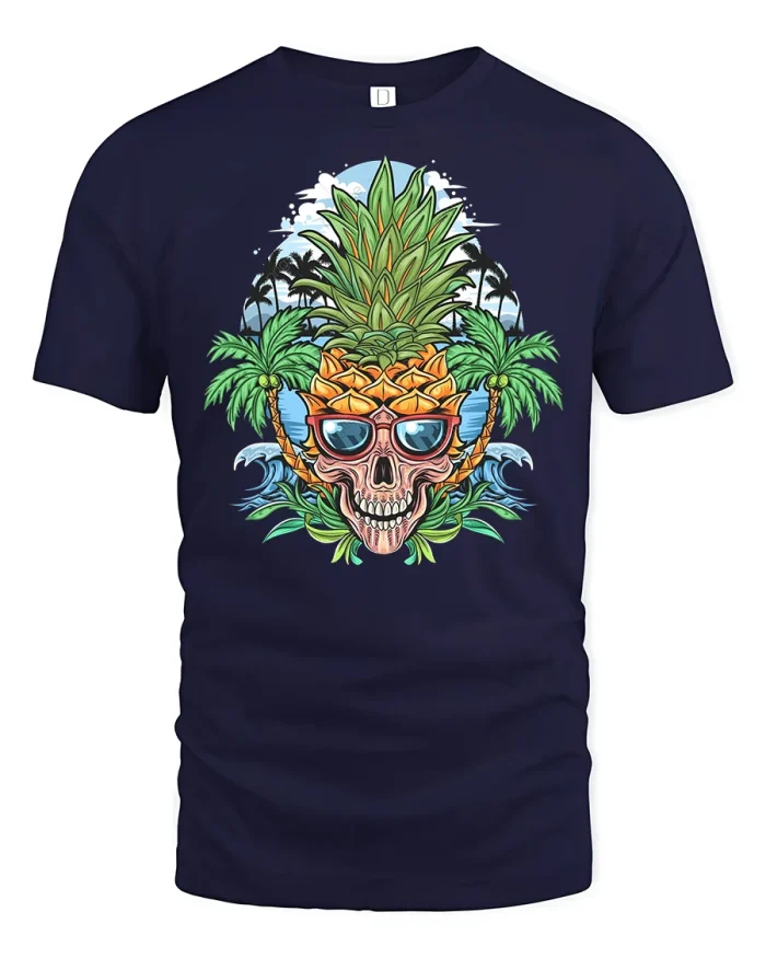 Tropical Pineapple Skull T-Shirt - navy t-shirt on white background