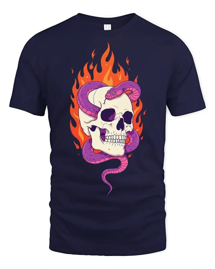 Flaming Skull Snake Gothic Rock T-Shirt - navy t-shirt on white background