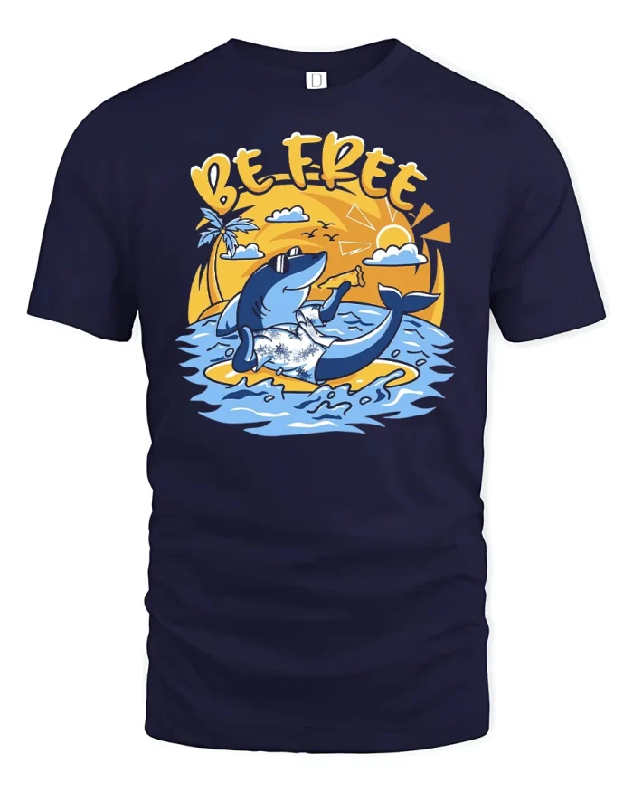Be Free Shark Summer Vibes T-Shirt - navy t-shirt on white background