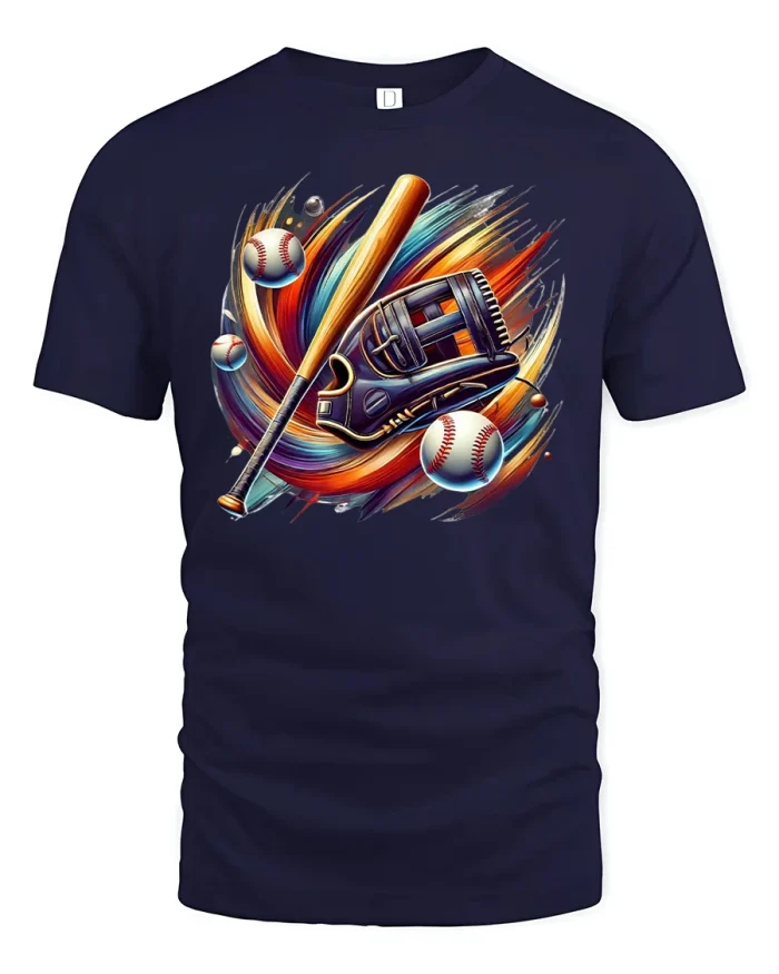 Baseball Bat Glove and Ball T-Shirt - navy t-shirt on white background