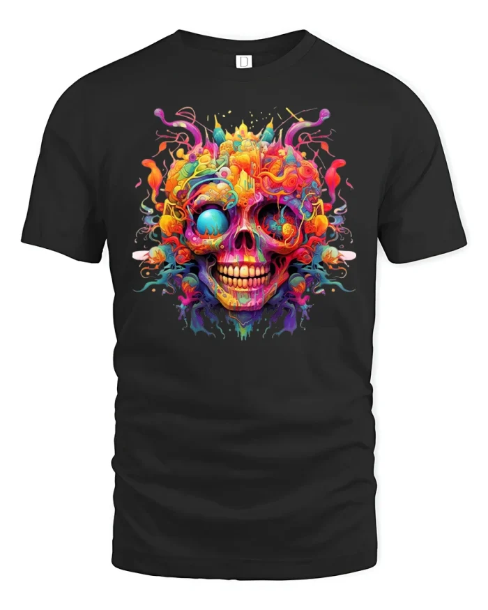 Psychedelic Neon Skull Explosion T-Shirt - black t-shirt on white background