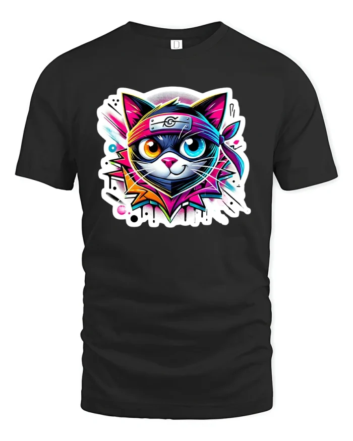 Neon Ninja Cat Graphic T-Shirt with Cool Style - black t-shirt on white background