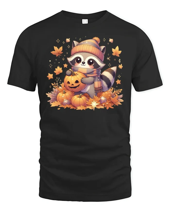 Cute Raccoon Pumpkin Halloween Tee - black t-shirt on white background