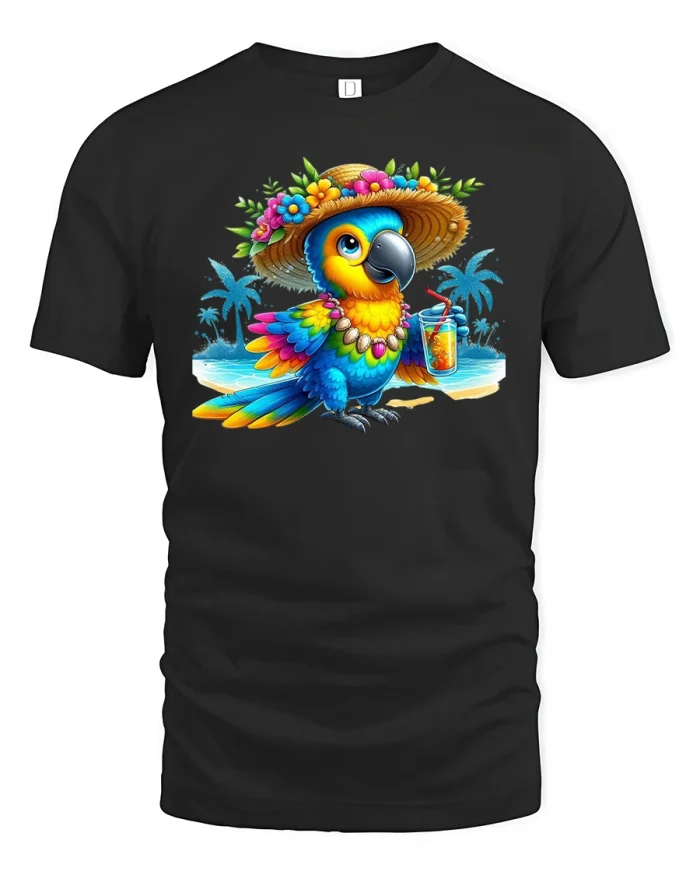 Tropical Parrot Beach Vibes T-Shirt - black t-shirt on white background