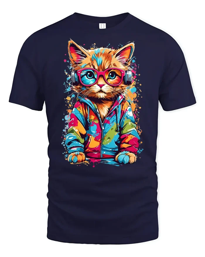 Cool DJ Cat Graphic T-Shirt With Headphones Style - navy t-shirt on white background