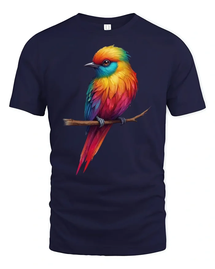 Colorful Rainbow Bird Graphic Tee - navy t-shirt on white background