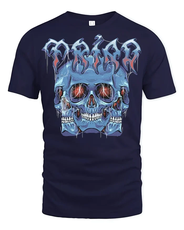 Triple Skull Graphic Tee With Gothic Style - navy t-shirt on white background