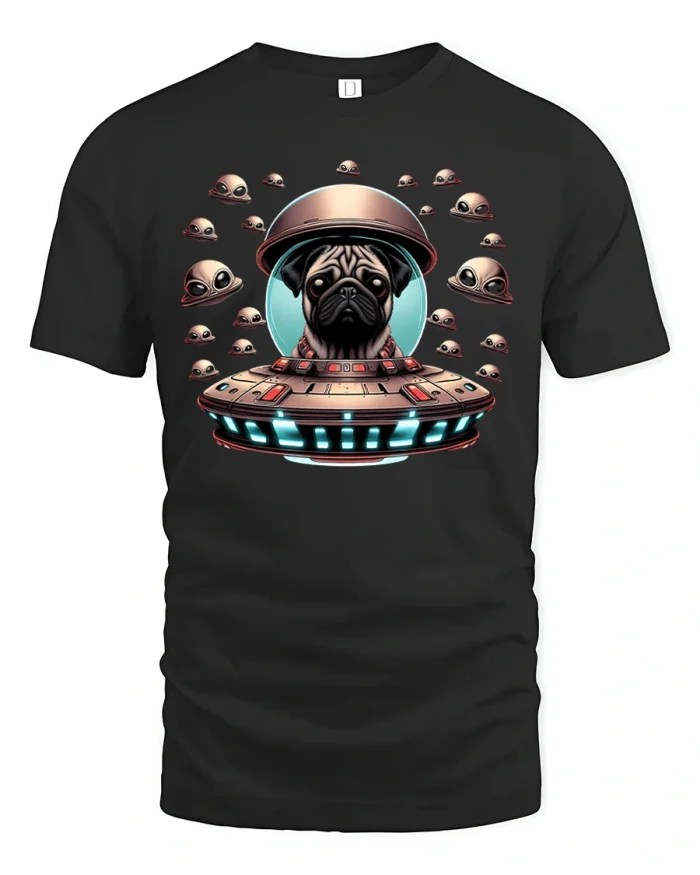 Space Pug UFO T-Shirt - black t-shirt on white background
