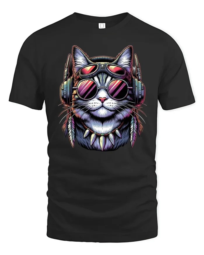 Funky Cat DJ Graphic T-Shirt - black t-shirt on white background