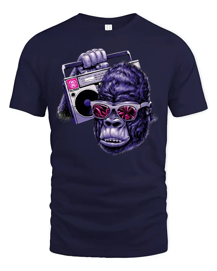 Funky Gorilla Boombox Music T-Shirt - navy t-shirt on white background