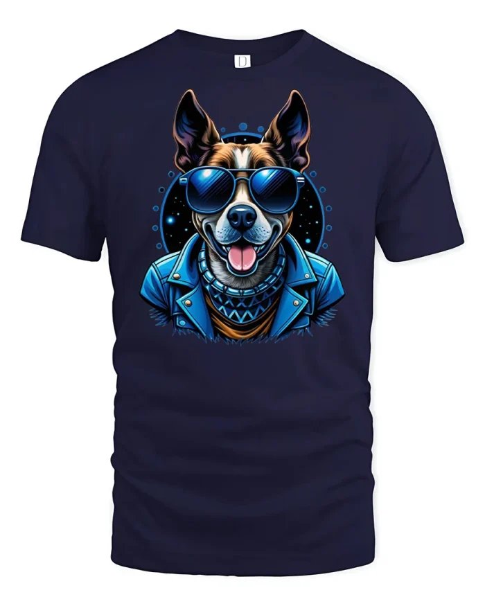 Cool Dog Sunglasses Leather Jacket T-Shirt - navy t-shirt on white background